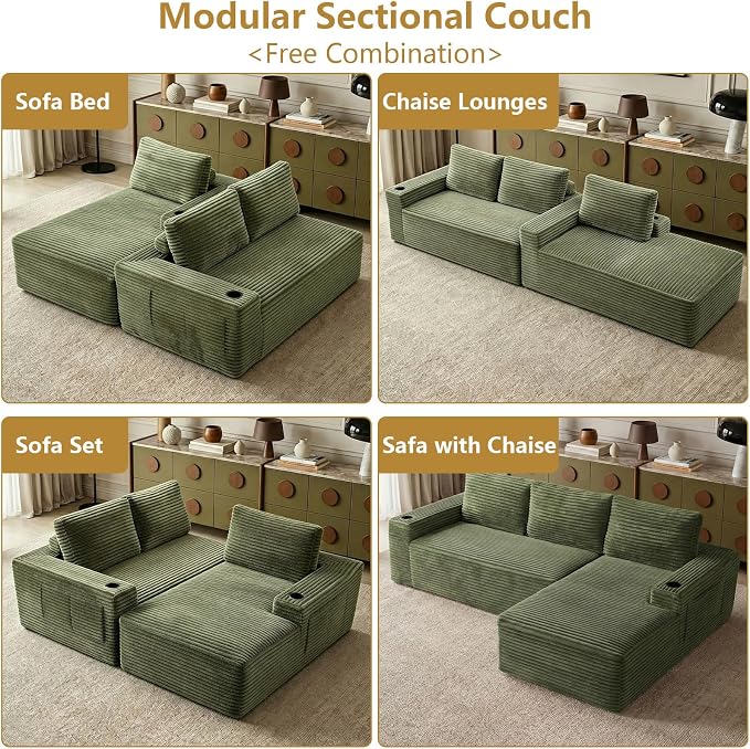 104" Cloud Sectional Couch L-Shaped with Side Pockets Cup Holders, Corduroy Boneless Couch for Living Room,Upholstered Deep-Seat Modular Sectional Sofa, No Assembly Required(Green,Right Facing Chaise)
