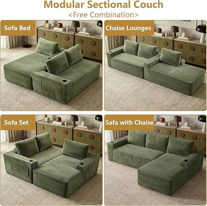 104" Cloud Sectional Couch L-Shaped with Side Pockets Cup Holders, Corduroy Boneless Couch for Living Room,Upholstered Deep-Seat Modular Sectional Sofa, No Assembly Required(Green,Right Facing Chaise)