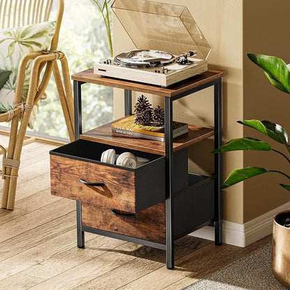 Huuger Night Stand with 2 Drawers, Bed Side Table with Open Shelf, Wooden Top, Nightstand for Bedroom, End Table for Small Space, Fabric Drawer, Rustic Brown