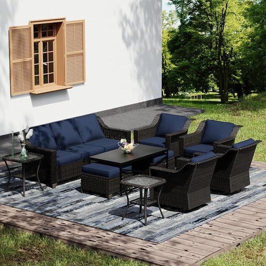 Joyside Wicker Patio Furniture Sets, 10 Pieces Upgraded Large Size Outdoor Furniture with 4 Swivel Rocking Patio Chairs, 3-Seat Sofa, Outdoor Ottoman, Thick Cushions, Wide Armrest, Blue