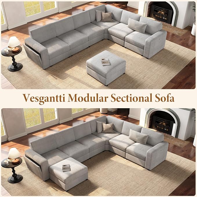 Vesgantti Oversized Modular Sectional Sofa, 6-Seater Chenille L Shaped Modular Couch with Ottoman, Storage Armrests, Large Comfy Sectional Couches for Living Room, Apartment, Light Grey