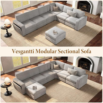 Vesgantti Oversized Modular Sectional Sofa, 8-Seater Chenille L Shaped Modular Couch with Ottoman, 2 Cup Holders, USB Port, Storage Box, Sectional Couches for Living Room, Meeting Room, Light Grey