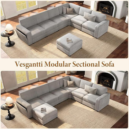 Vesgantti Oversized Modular Sectional Sofa, 6-Seater Chenille L Shaped Modular Sofa with Ottoman, 2 Cup Holders, USB Port, Storage Box, Sectional Couches for Living Room, Meeting Room, Light Grey