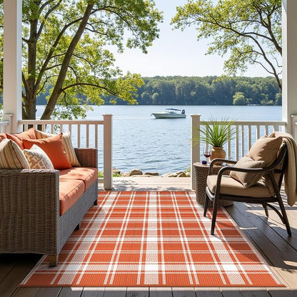 GENIMO Waterproof Outdoor Rug for Patio Clearance, 6'x9' Reversible Plastic Straw Rugs, Lightweight RV Camping Mat for Camper, Balcony, Deck, Backyard, Picnic, Orange White Plaid