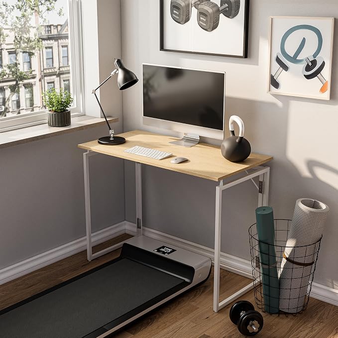 alawooder 31.5" Folding Desk: No Assembly, Wood Top for Small Spaces | Home office desk, holds 150 lbs, folds flat to 2.3 in, splash-proof wood top, sturdy metal frame
