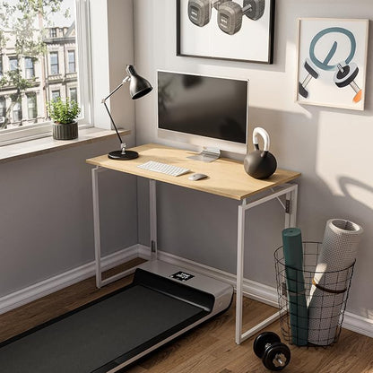alawooder 31.5" Folding Desk: No Assembly, Wood Top for Small Spaces | Home office desk, holds 150 lbs, folds flat to 2.3 in, splash-proof wood top, sturdy metal frame