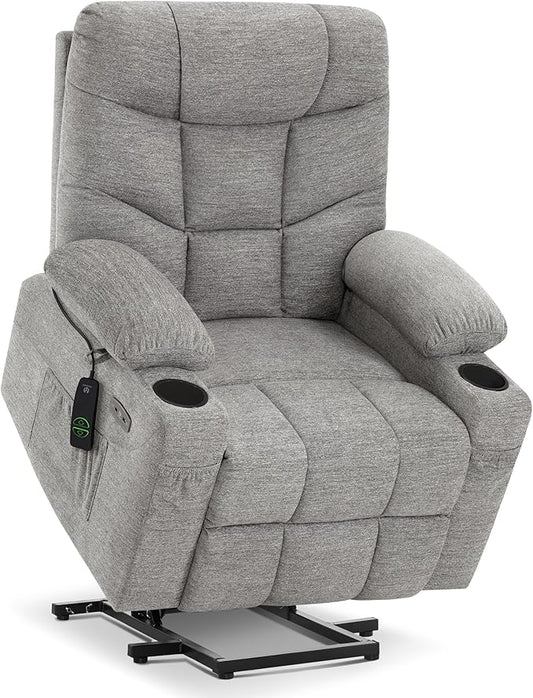 MCombo Power Lift Recliner Chair with Extended Footrest for Elderly People, Fabric 7287 (Light Grey, Medium)