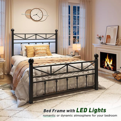 EnHomee 14.2" Metal Twin Bed Frames with Tall Headboard & Footboard, LED Light Twin Bed Frame, Strong Slats Support and Noise-Free Design with Under Bed Storage/No Box Spring Needed/Black