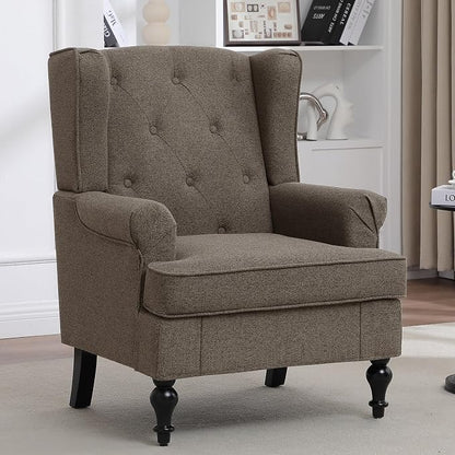 Accent Chair for Living Room, Mid Century Modern Upholstered Armchair, Wingback Chair with Tufted High Back and Solid Legs, Comfy Side Chairs Single Sofa for Bedroom, Brown