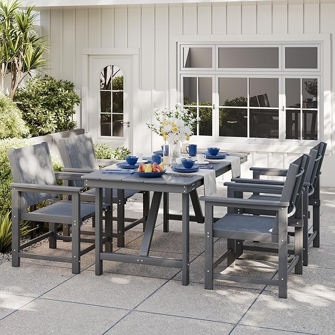 5 Piece HDPE Outdoor Furniture Patio Dining Set, All-Weather Table and Chair Sets with Umbrella Hole Outdoor Dining Table Sets of 4 Textilene Fabric Patio Chairs for Backyard,Poolside,Garden,Deck