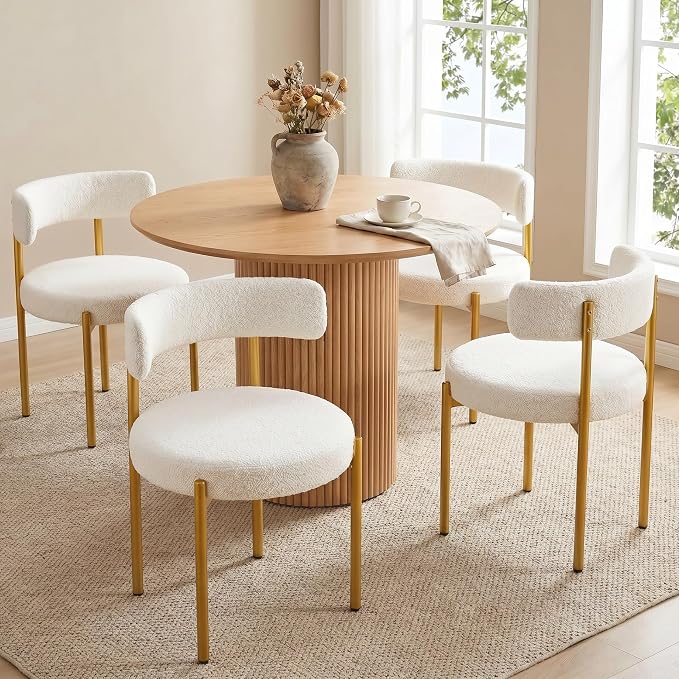 Boucle Dining Chairs Set of 6, White Dining Chairs with Upholstered Seat and Gold Legs, Mid-Century Modern Kitchen Chairs for Dining Room, Restaurant