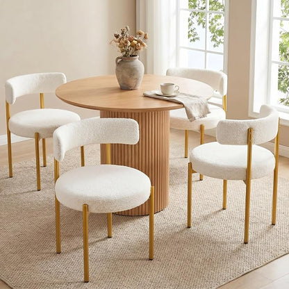 Boucle Dining Chairs Set of 6, White Dining Chairs with Upholstered Seat and Gold Legs, Mid-Century Modern Kitchen Chairs for Dining Room, Restaurant