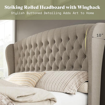 AMERLIFE King Size Platform Bed Frame, Linen Upholstered Sleigh Bed with Scroll Wingback Headboard & Footboard/Button Tufted/No Box Spring Required/Khaki