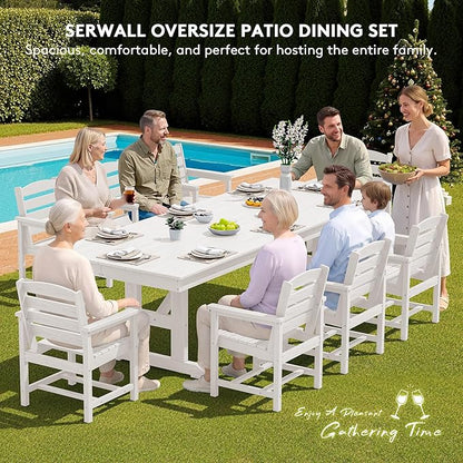 SERWALL 9 Piece 84" HDPE Outdoor Dining Set for 8 with Armchairs and Umbrella Hole, White