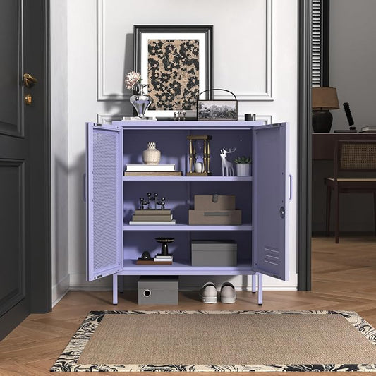 Purple Lockable Mesh & Metal Door Storage Cabinet, 3-Tier Heavy Duty Steel Locker with 2 Adjustable Shelves, Accent Cabinet for Living Room, Home Office, 33" H x 29.5" W x 13.8" D