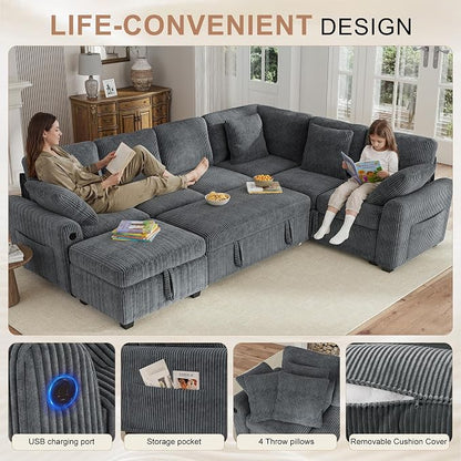 Hanherry 106" Sectional Sofa with Pull Out Couch Bed,6 Seater Corduroy Sleeper Sofa with Storage Ottoman & USB Charging,Comfy L Shaped Modular Couches for Living Room,Apartment