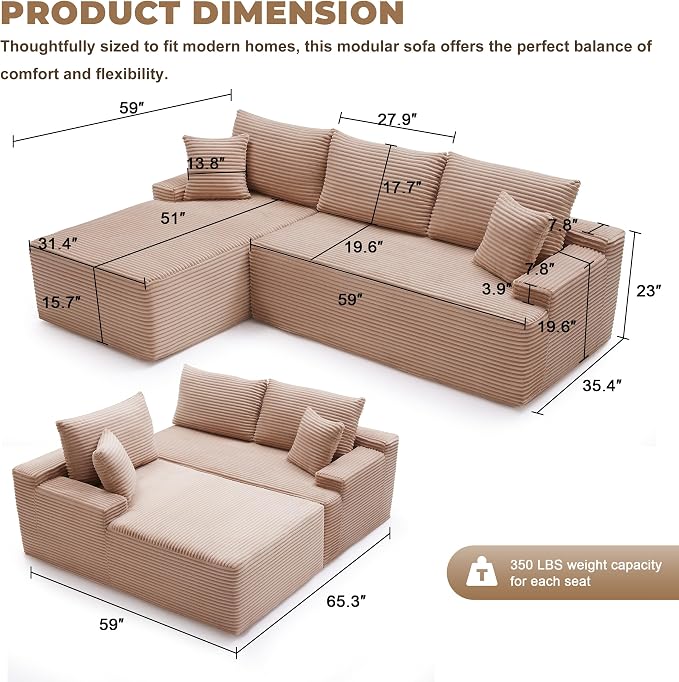 Mangodan Cloud Sectional Couch, Boneless Sofa for Living Room, Modular Sectional Sofa with Deep Seat, Fluffy Comfy Couch with L-Shaped Chaise, No Assembly Required, Camel