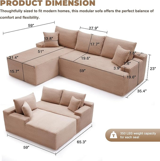 Mangodan Cloud Sectional Couch, Boneless Sofa for Living Room, Modular Sectional Sofa with Deep Seat, Fluffy Comfy Couch with L-Shaped Chaise, No Assembly Required, Camel