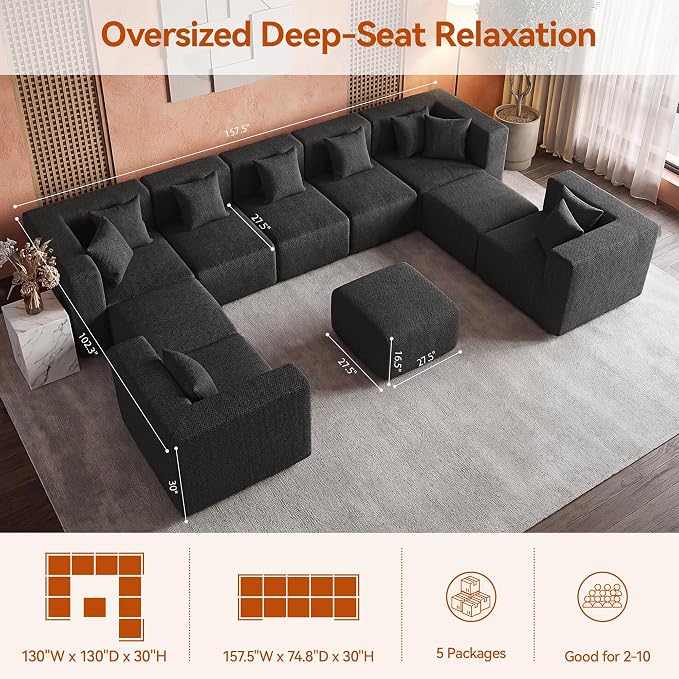 MONVANE Modular Sectional Sofa, Oversized 10 Seat Convertible U Shaped Couch with Ottoman, Comfy Chenille Deep Seat Cloud Couch, Sectional Couches for Living Room, No Assembly Required, Black