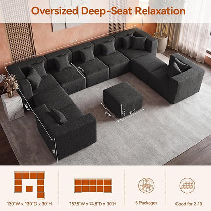 MONVANE Modular Sectional Sofa, Oversized 10 Seat Convertible U Shaped Couch with Ottoman, Comfy Chenille Deep Seat Cloud Couch, Sectional Couches for Living Room, No Assembly Required, Black
