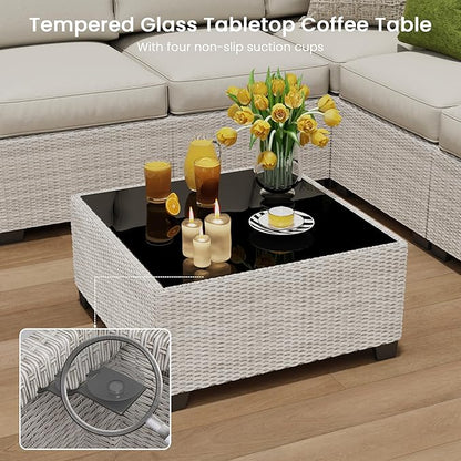 olimix 8 Piece Outdoor Patio Furniture Set, Outdoor Sectional Furniture, Rattan & Wicker Modern Modular Conversation Set Sofa Couch W/Water Resistant Washable Thick Cushions and Coffee Table, Beige
