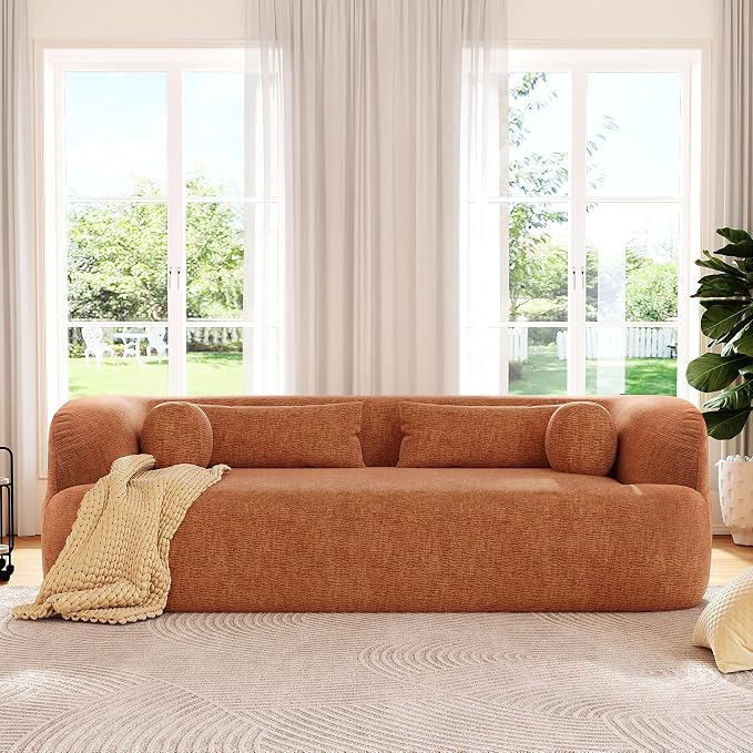 86" Curved Cloud Couch, Curved Sofa,Boneless Couch, Upholstered Sofa with Pillows, No Assembly with High-Density Foam, 3-Seater Luxury Modern Compressed Sofa, Chenille,Orange