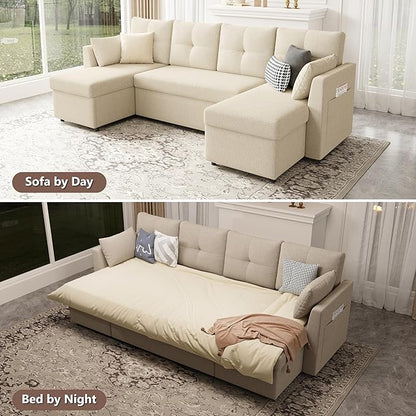Huatean Home Oversized Sleeper Couch Sofa, Sectional Sleeper Sofa Bed with Side Pocket for Living Room, 110 inch 2 in 1 Pull Out Couch with Double Storage Chaise, Beige