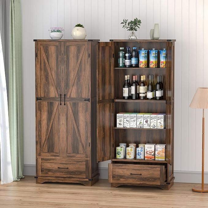71" Farmhouse Kitchen Pantry Storage Cabinet with Drawer & 2 Barn Doors, Freestanding Cupboard with Adjustable Shelves, Modern Floor Cabinet for Kitchen, Dining Room, Living Room, Bathroom, Brown