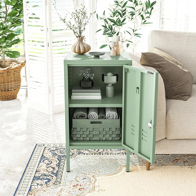 Single Door Lockable Metal End Table & Children's Bedside Table, 2-Tier Storage Cabinet with Adjustable Shelf, Easy Assembly Side Table for Living Room Bedroom Home Office Green