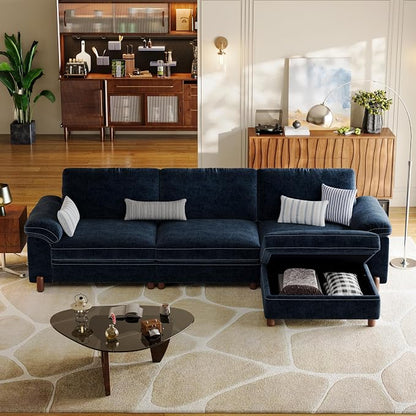 SITJOY Large Cloud Couch, 118" Wide 3 Seater L Shape, Chenille in Navy Blue | Detachable and Washable Chenille Cover Sectional Sofas for Living Room, Deep Seat Wide Couch with Chaise, Storage Ottoman
