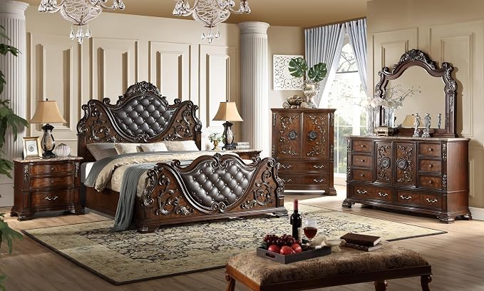 First of a Kind Santa Monica Traditional 5 Piece Queen Bedroom Set with Upholstered Tufted Headboard Elegant Classic Design Coordinated Furniture Collection, Cherry