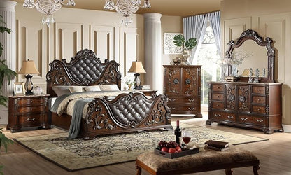 First of a Kind Santa Monica Traditional 4 Piece Queen Bedroom Set with Upholstered Tufted Headboard Elegant Classic Design Coordinated Furniture Collection, Cherry
