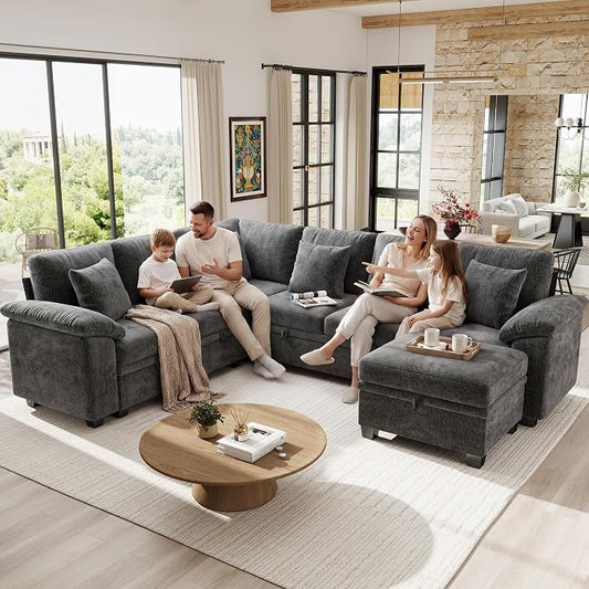 Ihanherry 108" Modular Sectional Sofa with Pull Out Bed, 7-Seater L Shaped Sectional Sleeper Couch with Storage, Chenille Convertible Couches for Living Room, Apartment (Grey)