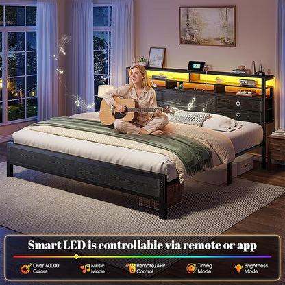 Homkdom King Bed Frame with Storage Headboard, Charger & LED Lights, Black | 3-tier shelves and 4 drawers,2 USB&1 Type-C ports,Heavy-duty metal loads 880lbs,Noise-free,No box spring needed,Easy assembly