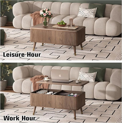Lift Top Coffee Table with Storage, Mid Century Modern Coffee Table with Solid Wood Legs, 38" Minimalist Fluted Center Table for Living Room, Home Office, Walnut