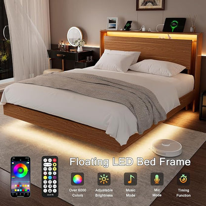 Full Size Bed Frame with LED Lights & Charging Station – Kids Wood Floating Bed Frame with Storage Headboard, Adhesive Slats, Kick-Free & Noise-Free Design, Easy Assembly, Walnut
