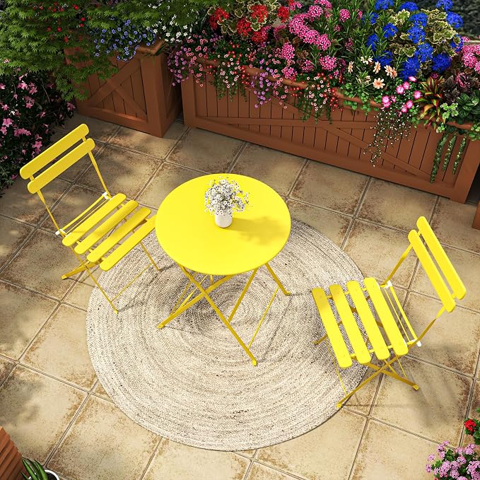 3-Piece Folding Bistro Set, 2 Chairs and 1 Table, Weather-Resistant Outdoor/Indoor Conversation Set with Heavy-Duty Powder-Coated Steel Frame for Patio, Yard, Garden (Yellow)