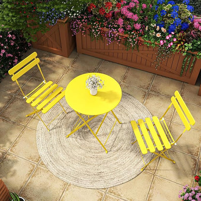 3-Piece Folding Bistro Set, 2 Chairs and 1 Table, Weather-Resistant Outdoor/Indoor Conversation Set with Heavy-Duty Powder-Coated Steel Frame for Patio, Yard, Garden (Yellow)
