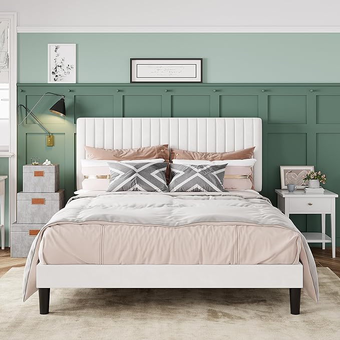 Allewie Full Bed Frame, Velvet Upholstered Platform Bed with Adjustable Vertical Channel Tufted Headboard, Mattress Foundation with Strong Wooden Slats, Box Spring Optional, Easy Assembly, Off-White