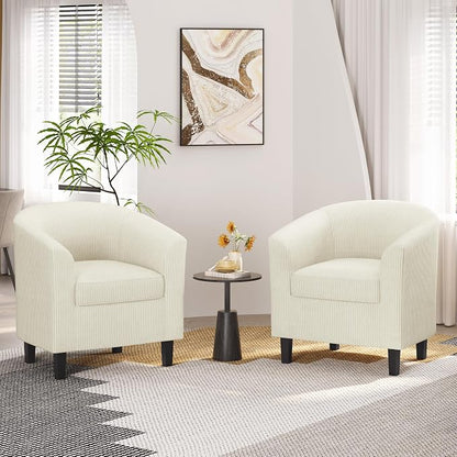 Topeakmart Corduroy Club Chair, Modern Accent Barrel Chair with Sturdy Wood Legs for Living Room Bedroom Reception Room, Set of 2, Beige