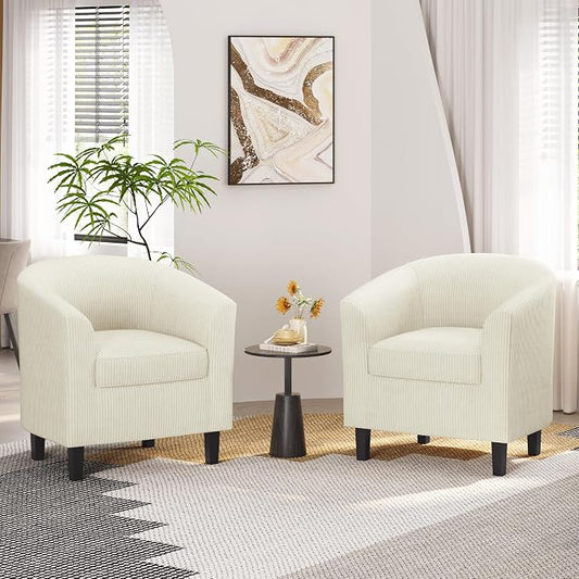 Topeakmart Corduroy Club Chair, Modern Accent Barrel Chair with Sturdy Wood Legs for Living Room Bedroom Reception Room, Set of 2, Beige
