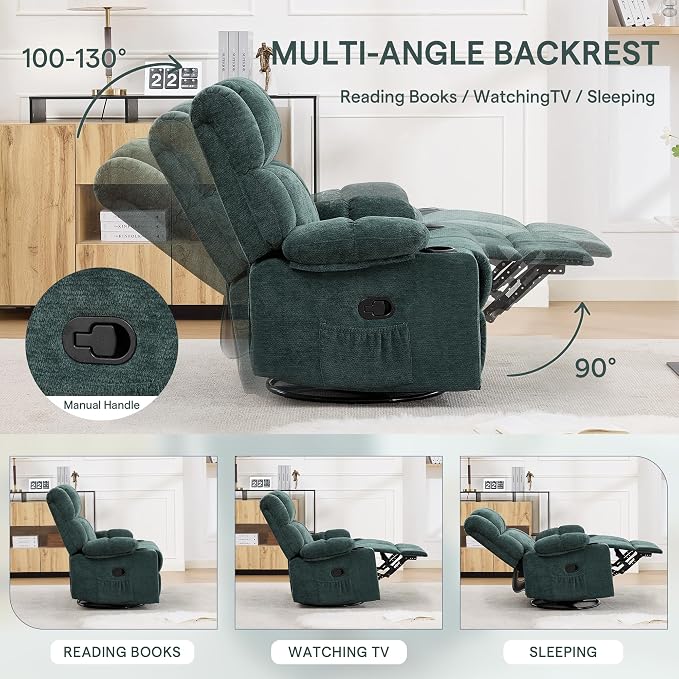Swivel Rocker Recliner,Rocking Reclining Chair with Adjustable Headrest for Adults,Upholstered Fabric Swivel Recliner Chair for Bedroom,Living Room,Green