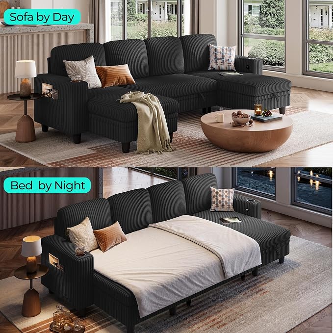 LINSY HOME Sectional Sleeper Sofa Pull Out Couches for Living Room (Black, Sleeper Sofa 3) | Pull Out Sofa Bed, Storage, USB Charging, Cup Holders, Plush Corduroy