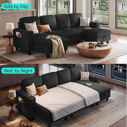 LINSY HOME Sectional Sleeper Sofa Pull Out Couches for Living Room (Black, Sleeper Sofa 3) | Pull Out Sofa Bed, Storage, USB Charging, Cup Holders, Plush Corduroy