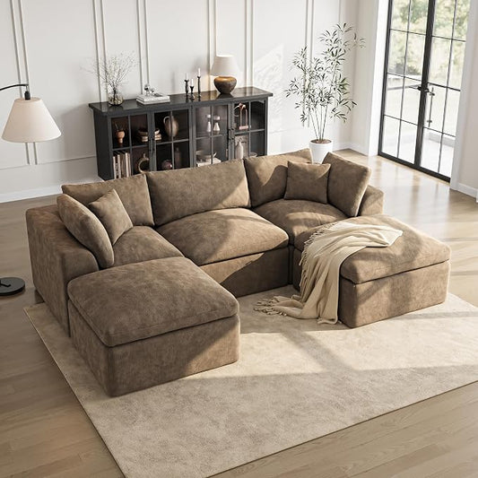 Cloud Sectional Couches for Living Room | 108 Inch U-Shaped Boneless Couch with Ottoman | Brown Modular Sectionals Sofa Couch
