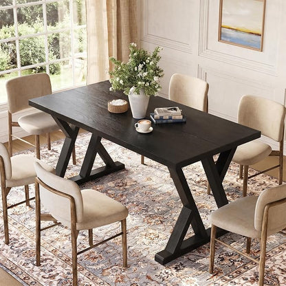 Solid Wood Dining Table for 4-6 People, 63 Inches Wooden Farmhouse Rectangular Kitchen Dinner Table with Heavy-Duty Legs for Home, Living Room, Dining Room, Black