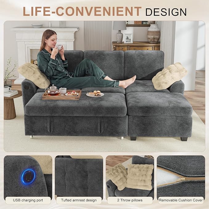 Hanherry 81" Sectional Couch with Pull Out Sofa Bed,Chenille Sleeper Sofa with Storage Ottoman & USB Charging,Comfy L Shaped Modular Couches for Living Room,Apartment