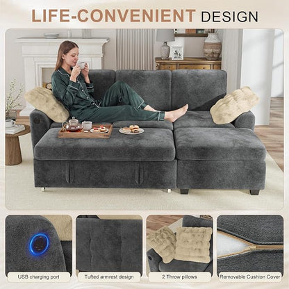 Hanherry 81" Sectional Couch with Pull Out Sofa Bed,Chenille Sleeper Sofa with Storage Ottoman & USB Charging,Comfy L Shaped Modular Couches for Living Room,Apartment