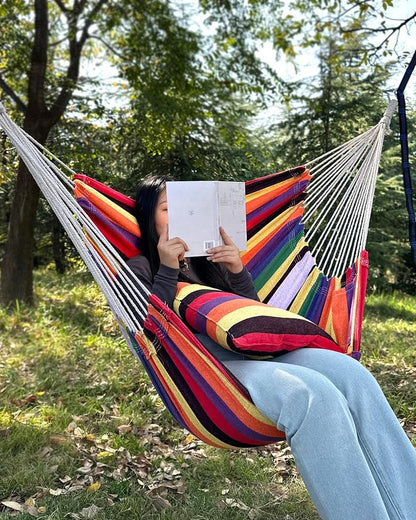 Halalona Hammock Chair Hanging Hammock Chair Rope Swing 2 Cushions Included-Sturdy & Durable Soft Cotton Hand Woven Hammock Swing for Bedroom, Porch, Patio-Indoor/Outdoor