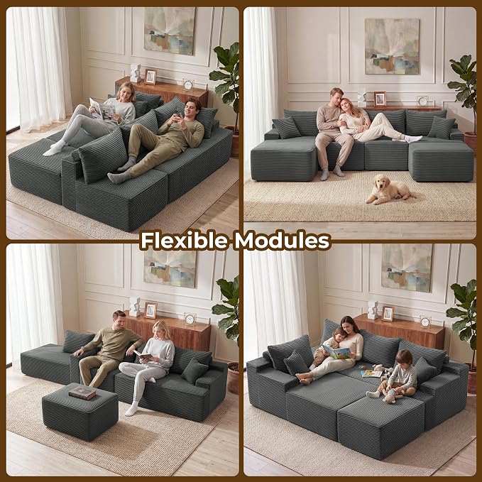 Mangodan 118'' Cloud Sectional Couch, U Shaped Boneless Couches for Living Room, Modular Sectional Sofa with Deep Seat Light Facing Chaise, Comfy Cloud Couch Sofa, Gray